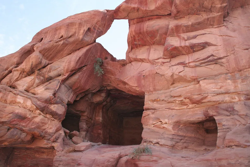 Rock-cut buildings and sandstone at Petra, Jordan