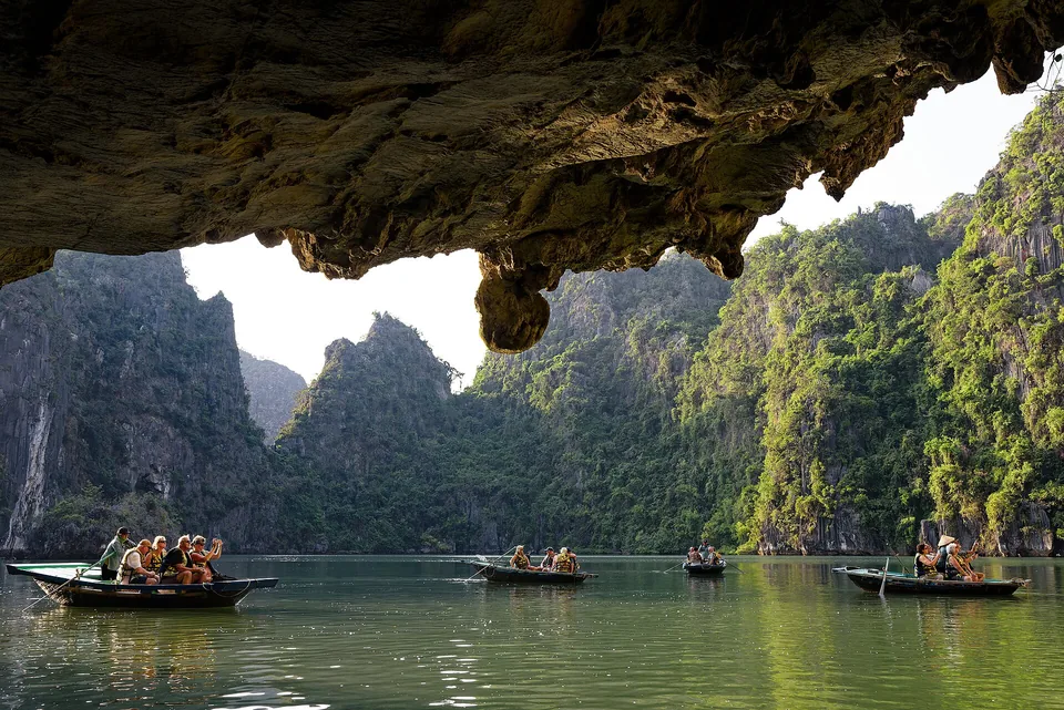 Limestone karsts rising from the waters of Halong Bay, Vietnam