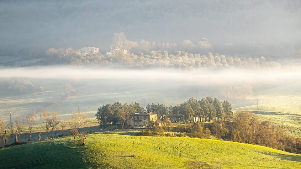 Morning mist above fields in Tuscany, Italy