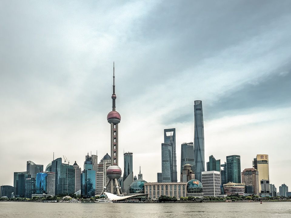 Pudong skyline and waterfront towers in Shanghai, China