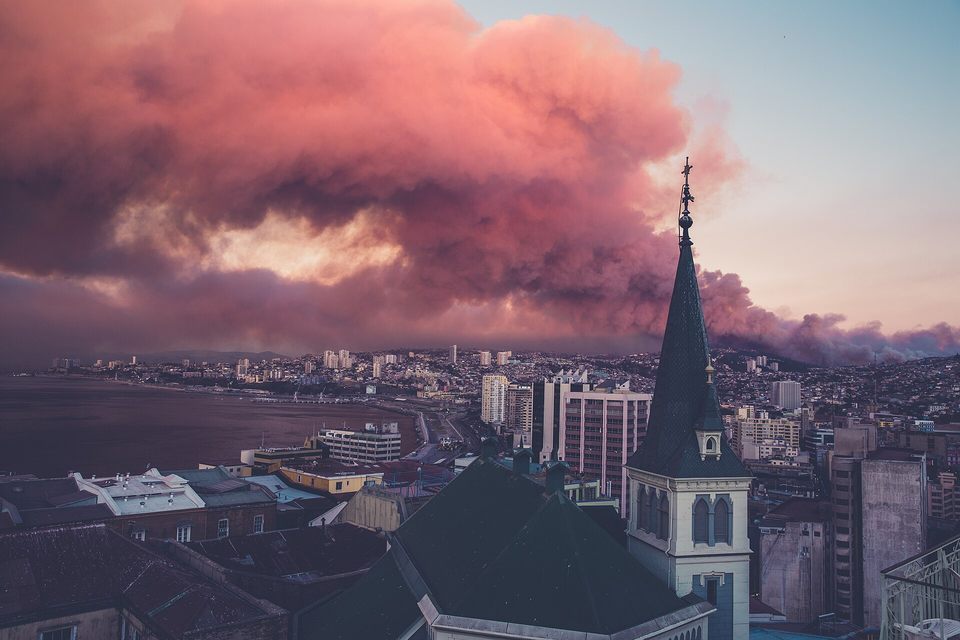 Hillside city and church in Valparaiso, Chile
